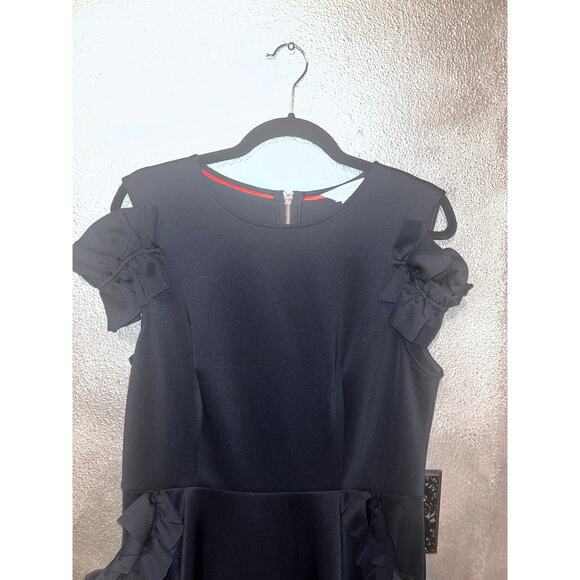 Ted Baker Deneese Black Skater Dress Sz 10 Ruffle Sleeves Pockets Rose Gold Zip - Picture 9 of 16